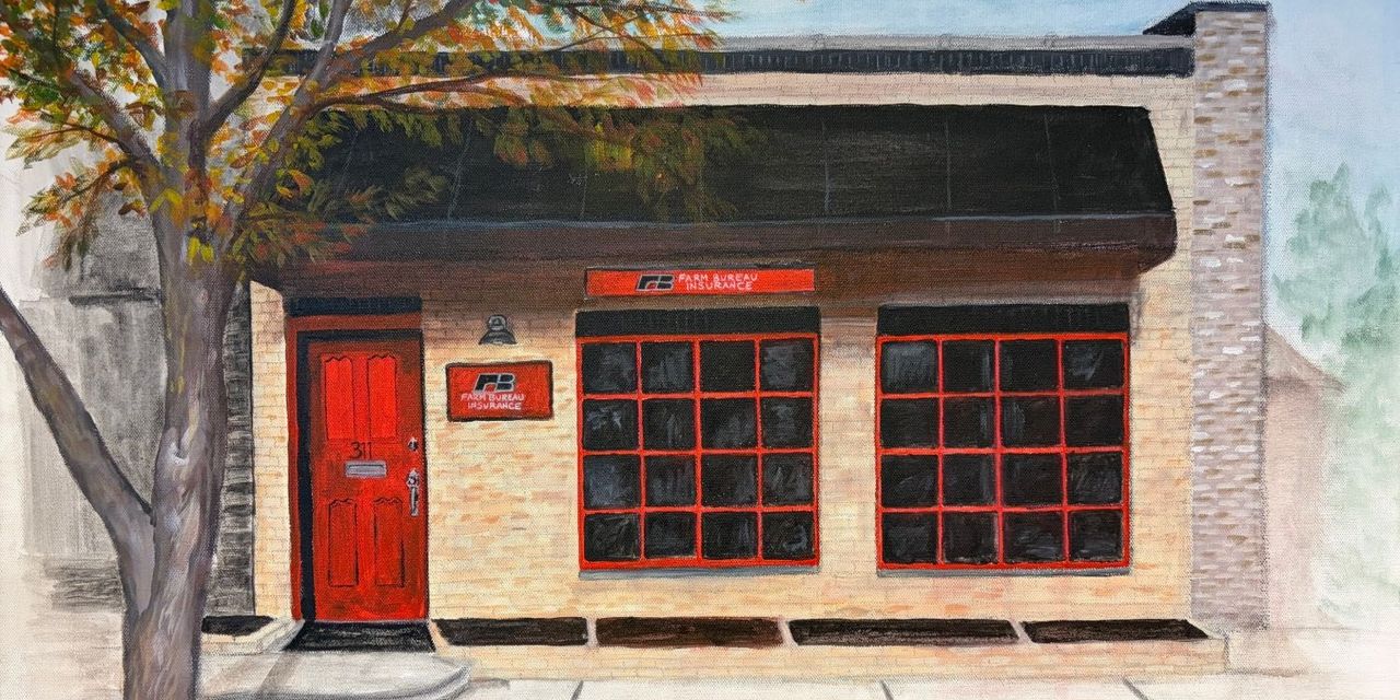 Painting of the Zachary Hayes Agency office at 311 E Main St in Lowell